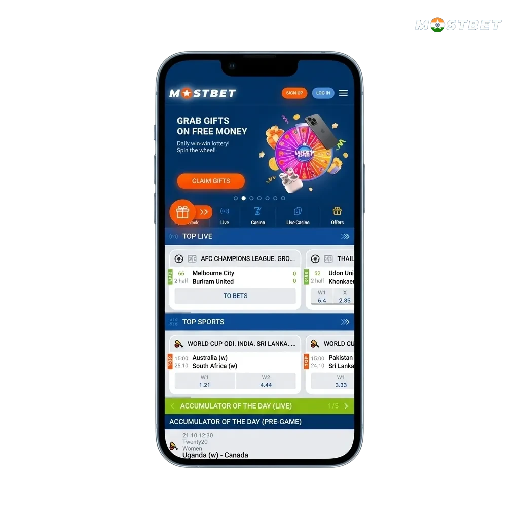 Smartphone screen showing Mostbet app interface with India-friendly sports betting, UPI payment icons and welcome bonus offer