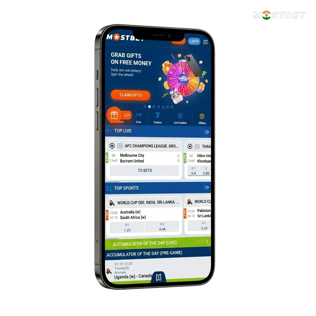 Indian user holding iPhone with Mostbet app open, promoting sports betting, casino games, and 125% welcome bonus
