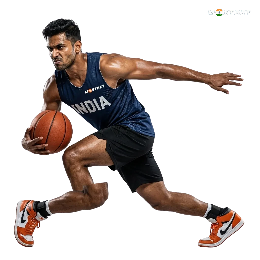 Illustration of Mostbet India betting with cricket, football, kabaddi icons, casino games, and app interface on phone