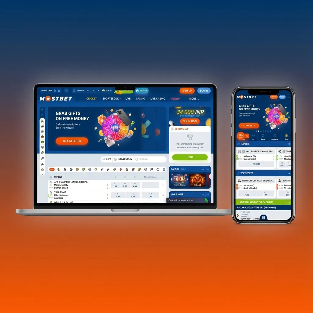 Mostbet India website interface showing top navigation, odds, bet slip, and account balance on desktop and mobile screens
