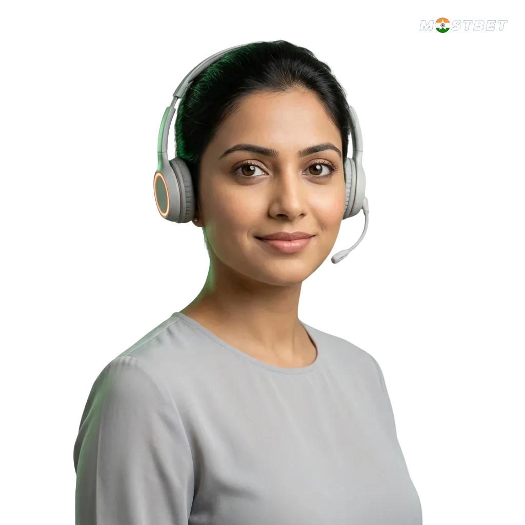 Mostbet India contacts page showing support options in English and Hindi via email, live chat, phone, messengers, and social media
