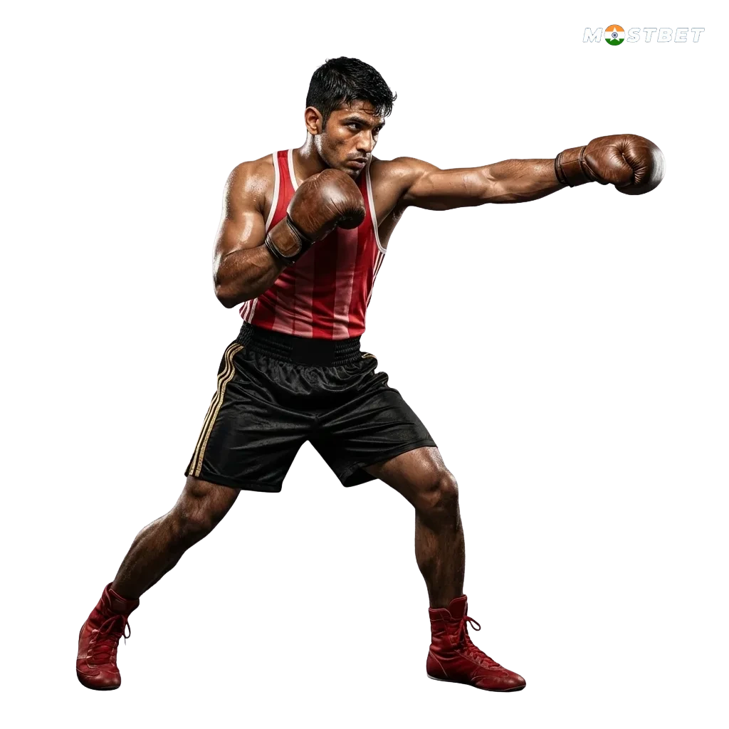 Mostbet India homepage showing sports betting options, casino games, welcome bonus banner, and mobile app icons