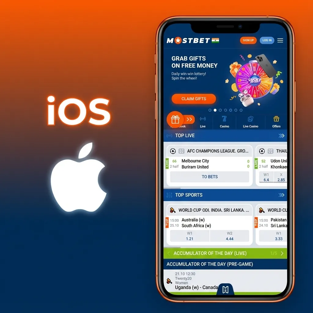 iPhone screen showing the Mostbet iOS app interface for account, deposits, sports betting, and casino games