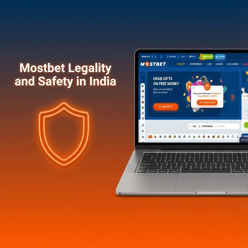 Infographic on Mostbet’s legality in India, highlighting Curacao licence, SSL security, fund safety, and responsible gaming tools