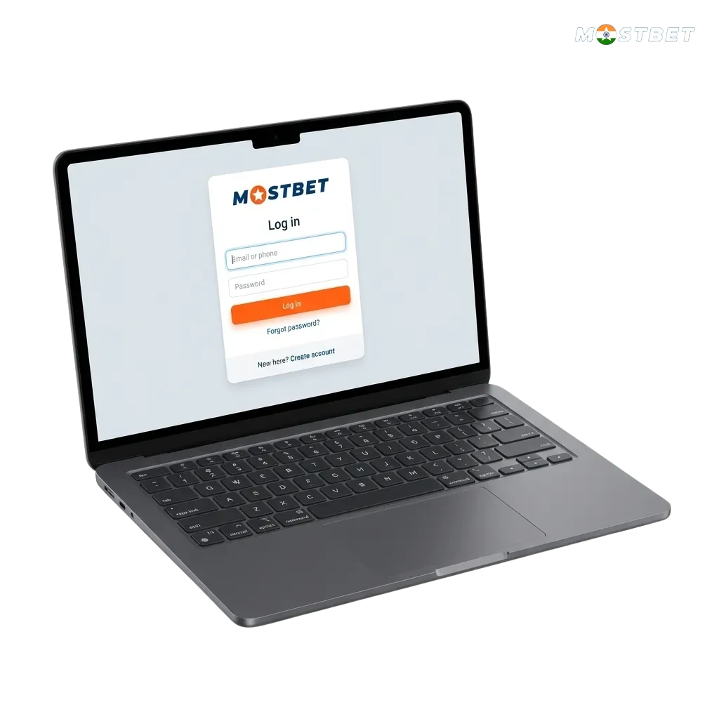 Mostbet India login page on desktop and mobile, showing fields for phone or email, password, and secure sign-in options