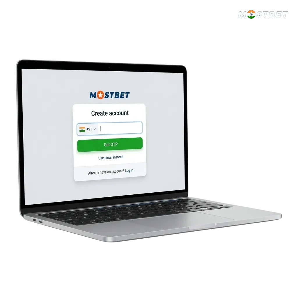 Illustration of Mostbet India sign‑up steps, showing phone, email, social, and one‑click options with 125% bonus offer