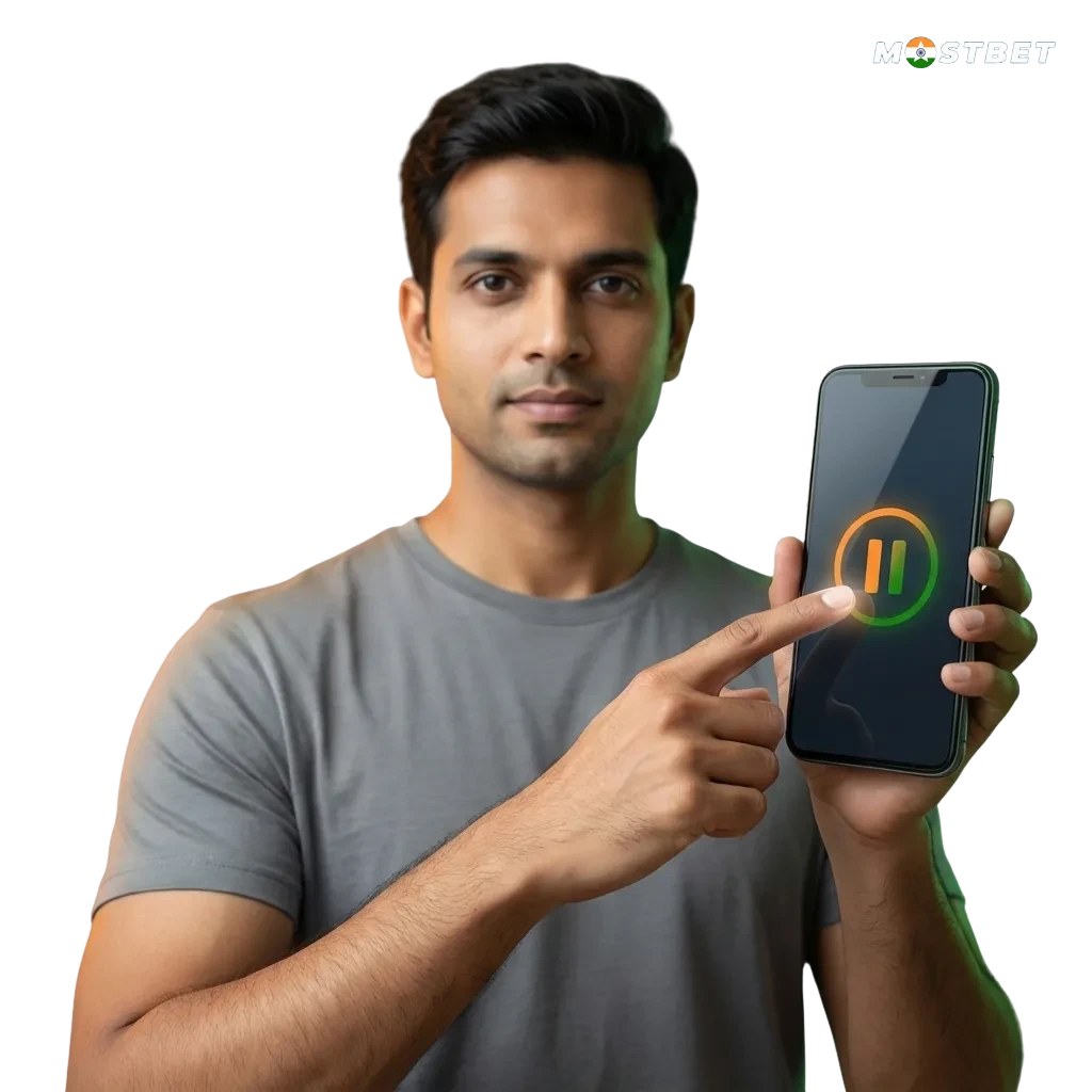 Illustration promoting responsible gaming on Mostbet, showing tools for limits, self-control, and safe entertainment