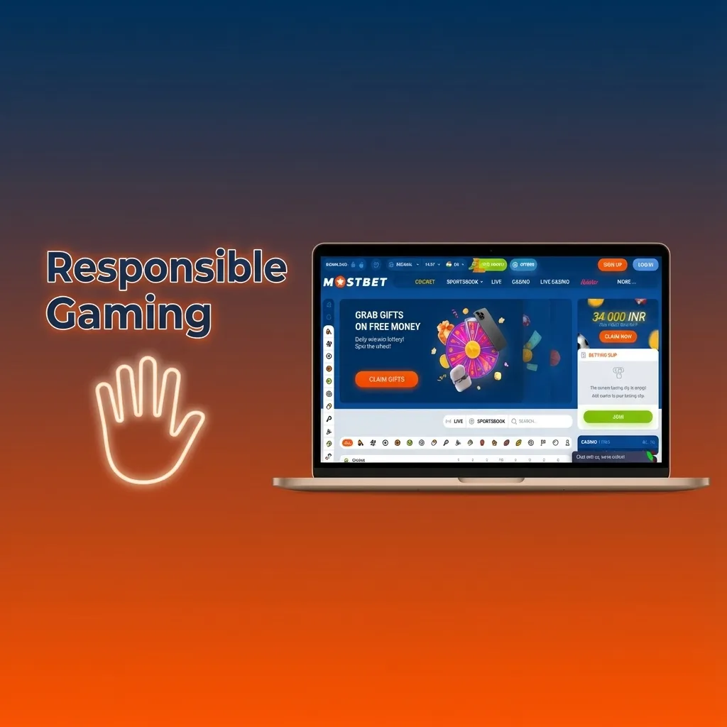 Illustration of a Mostbet user setting betting limits and taking a break, promoting safe and responsible gaming habits